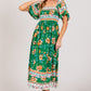 SAGE + FIG Printed Green Smocked Short Sleeve Midi Dress