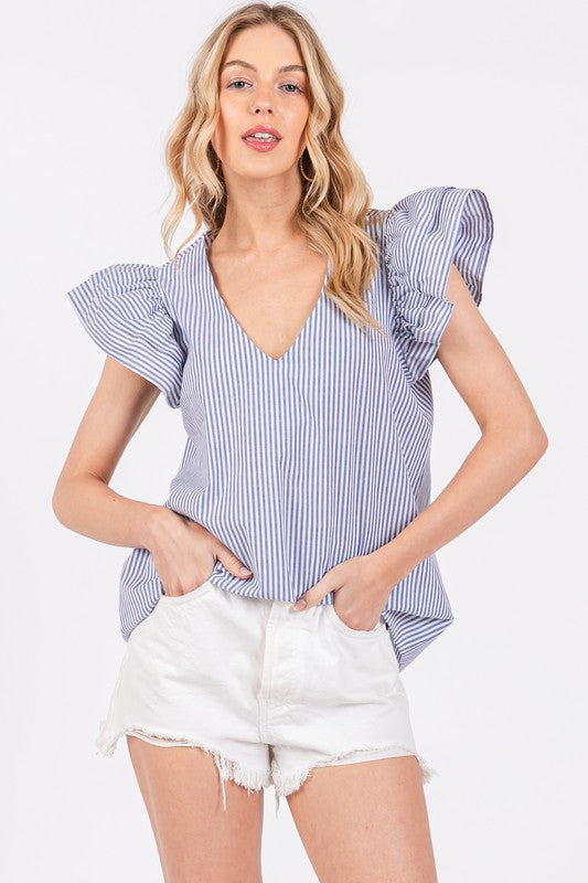 Ces Femme Striped V-Neck Ruffled Cap Sleeve Blouse *