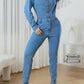 Fringe Half Button Long Sleeve Denim Jumpsuit