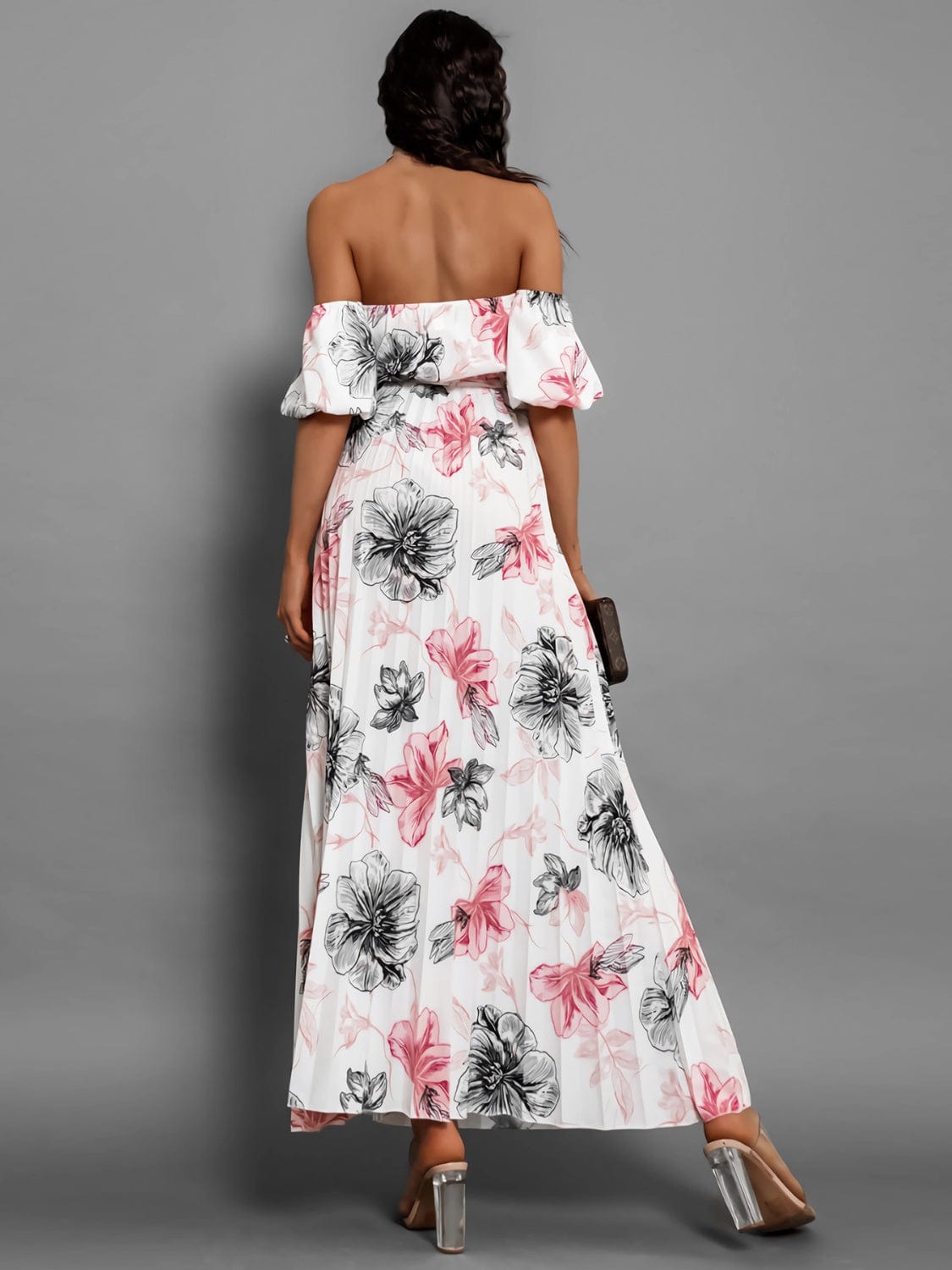 Full Size Pleated Floral Off-Shoulder Short Sleeve Midi Dress