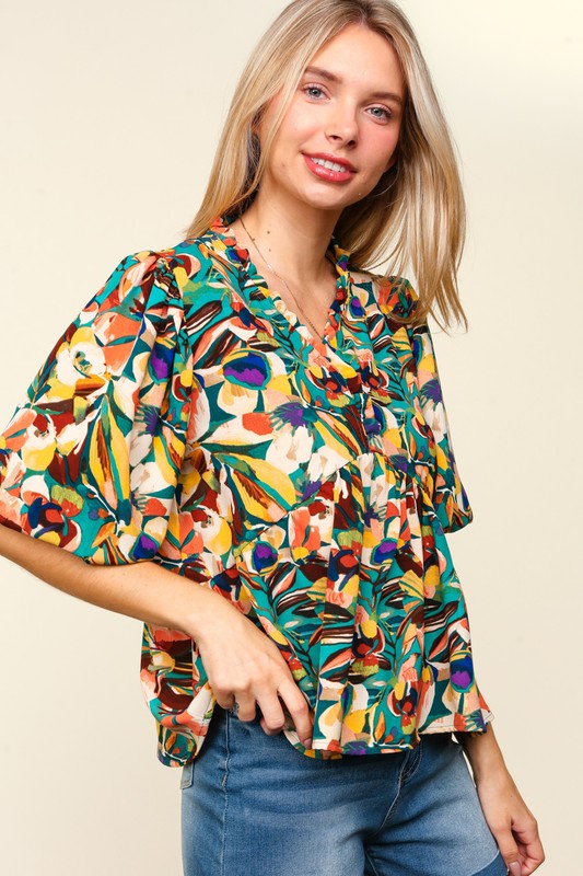 Haptics Full Size Frill Floral Puff Sleeve Peplum Blouse *