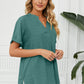 Full Size Side Slit Notched Neck Cuffed Short Sleeve Blouse