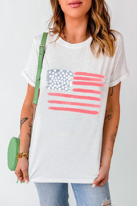 Full Size US Flag Round Neck Short Sleeve T-Shirt