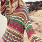 Openwork Contrast Round Neck Flare Sleeve Knit Top