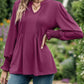 Notched Smocked Flounce Sleeve Blouse