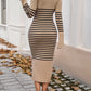 Striped V-Neck Long Sleeve Sweater Dress