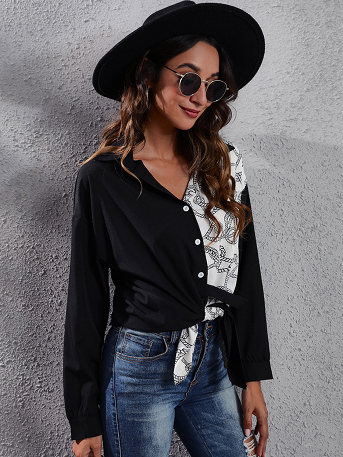 Printed Collared Neck Long Sleeve Shirt