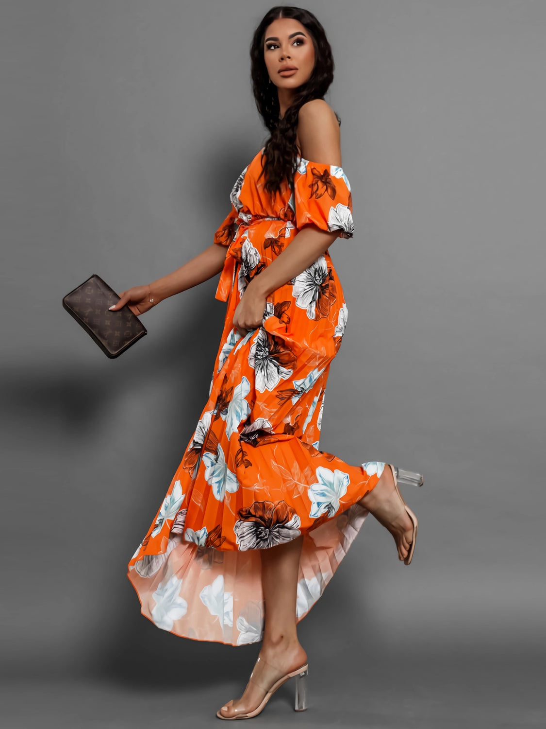 Full Size Pleated Floral Off-Shoulder Short Sleeve Midi Dress