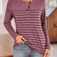 Quarter Button Striped Round Neck Long Sleeve T-Shirt
