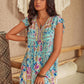 Ruffled Printed Tie Neck Cap Sleeve Dress