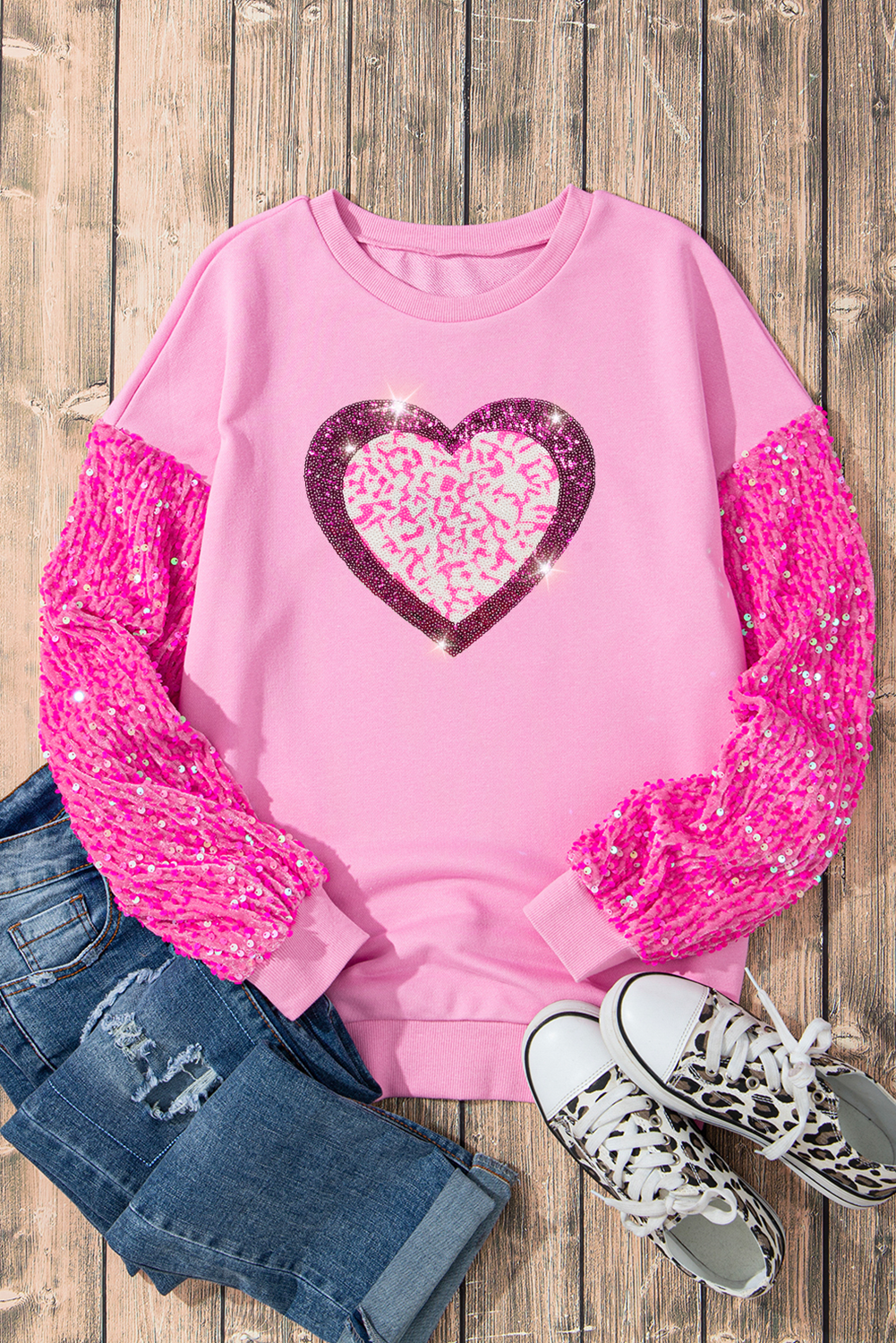 Valentine’s Day Pink Sequin Heart Long Sleeve Sweatshirt