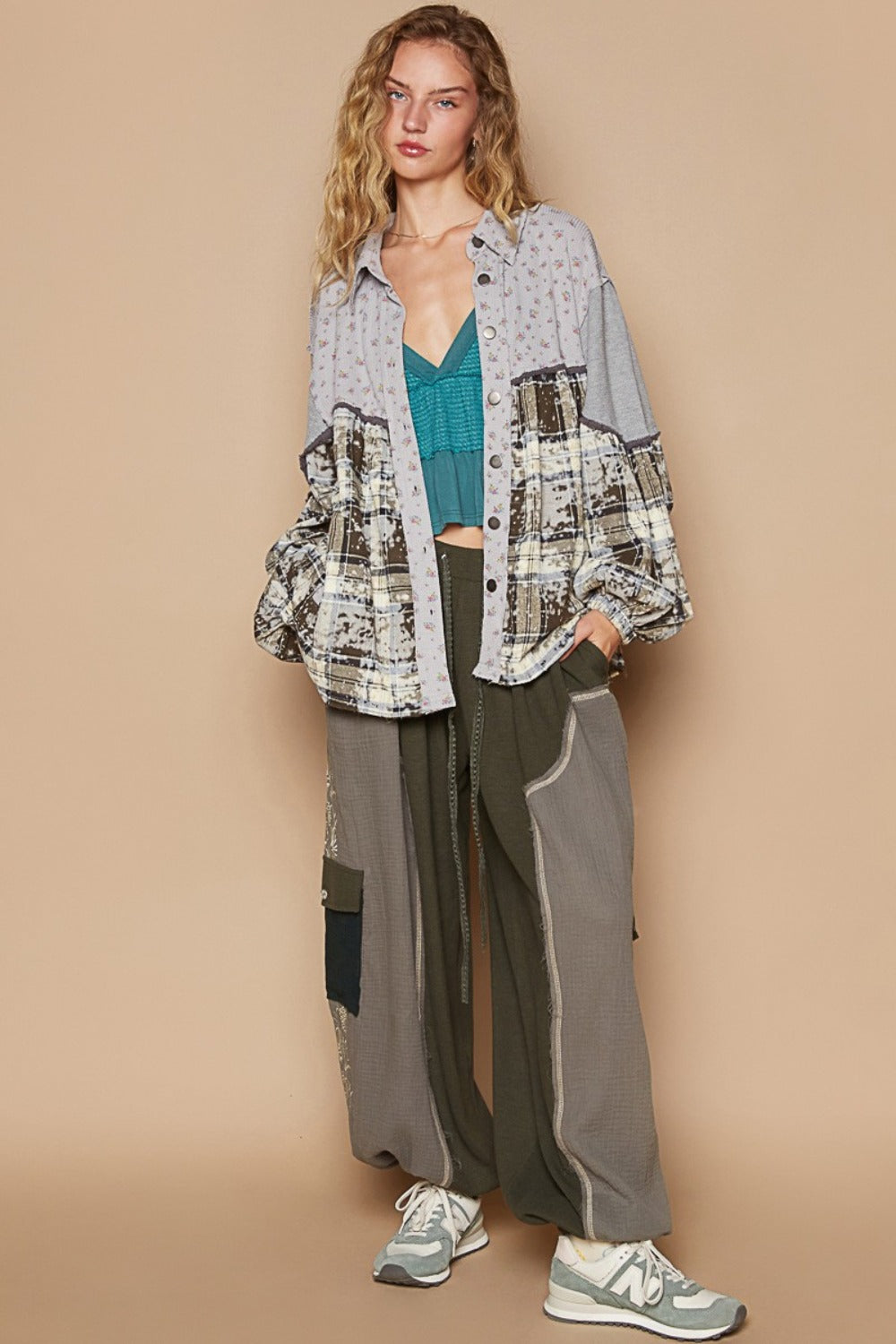 POL Balloon Sleeve Floral Color Block Plaid Shirt *