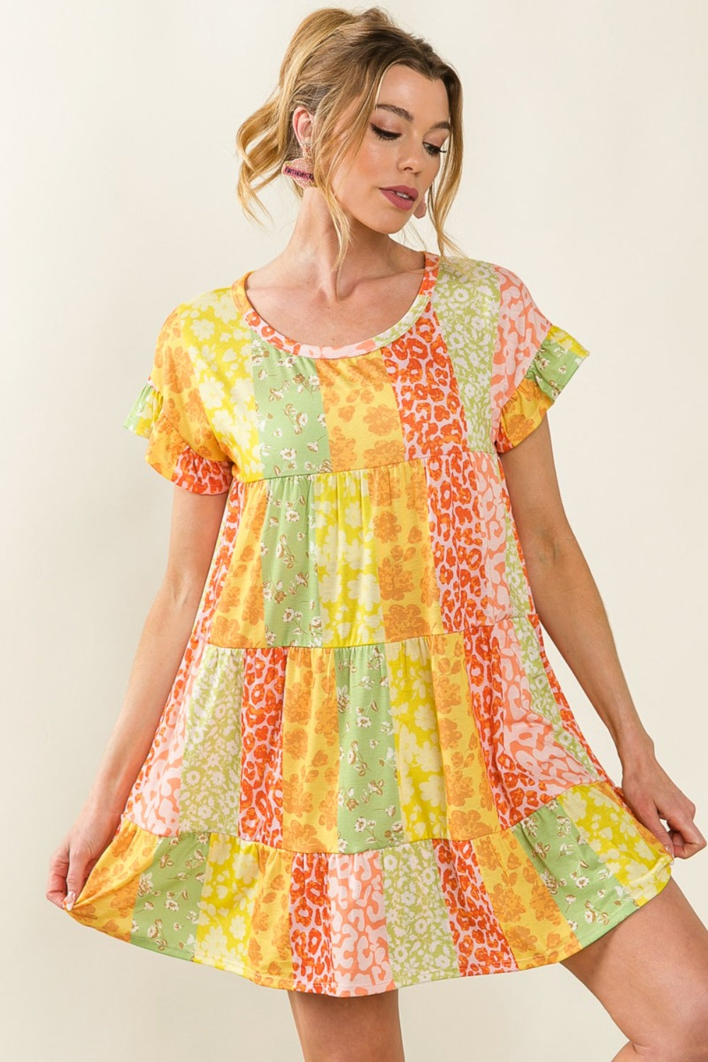 BiBi Leopard Short Sleeve Tiered Dress *