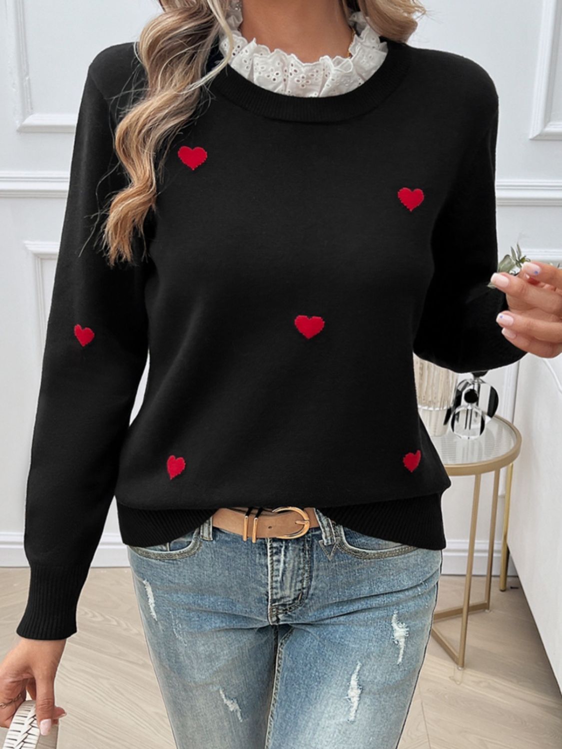 Devine Lace Detail Heart Long Sleeve Sweater