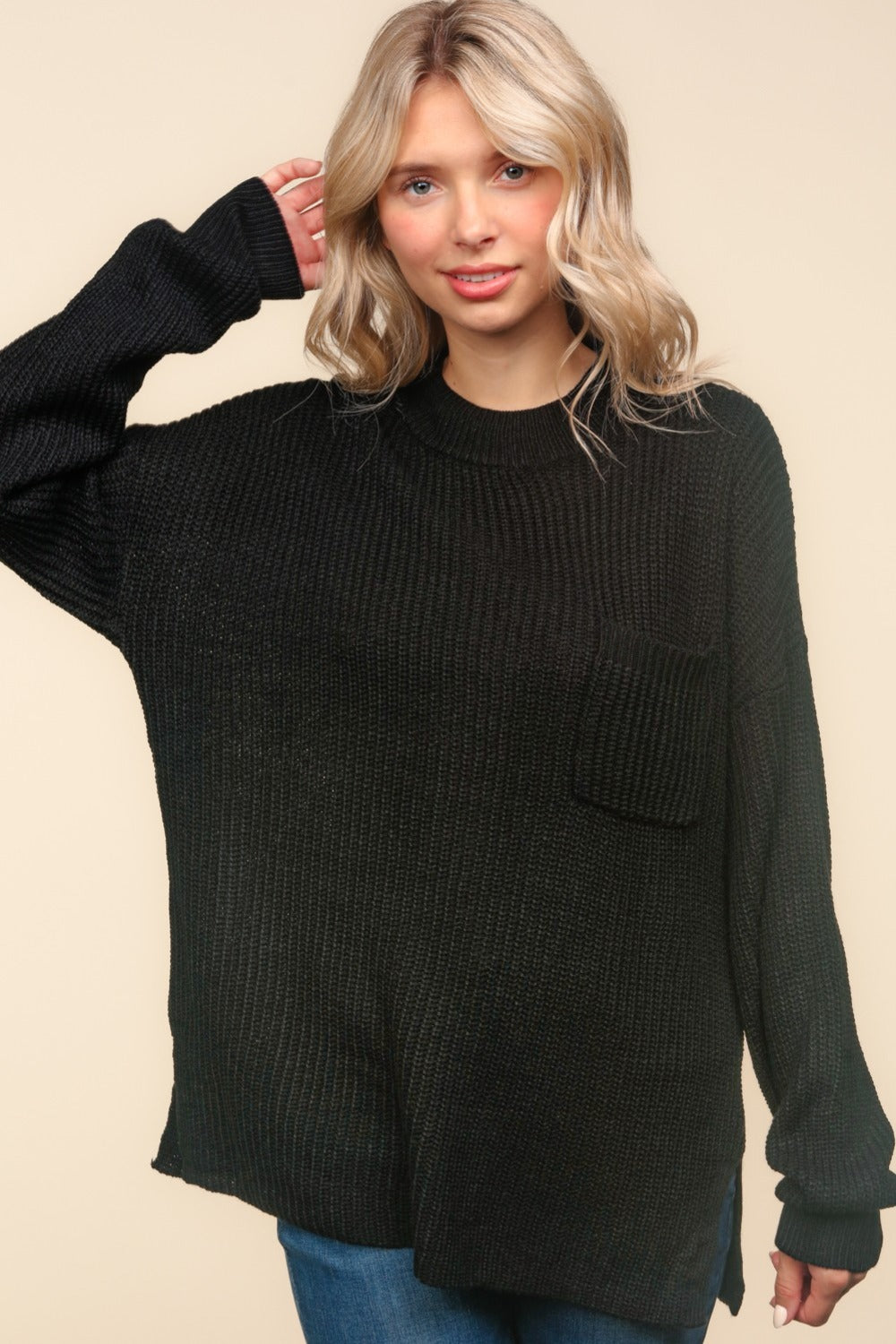 Haptics Mock Neck Side Slit Knit Top *