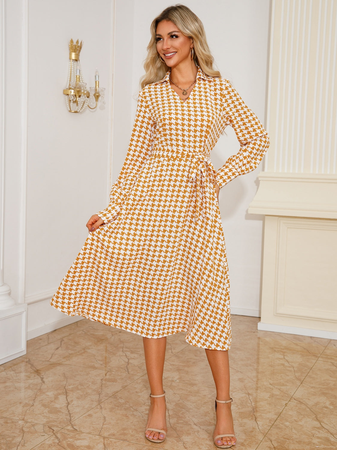 Tied Houndstooth Long Sleeve Midi Dress