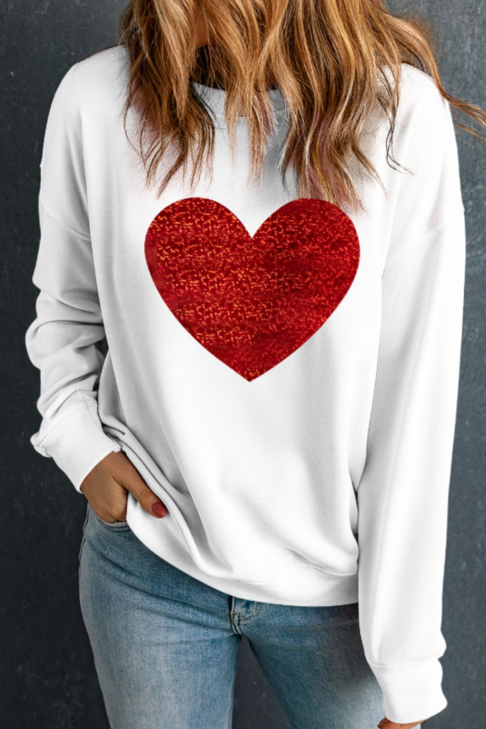 Valentine’s Day Heart White Round Neck Long Sleeve Sweatshirt