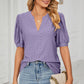 Eyelet Short Puff Sleeve Notched Neck Top