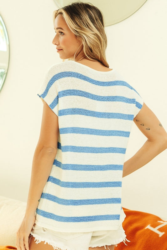 BiBi Striped Round Neck Short Sleeve Knit Top - Brand BiBi