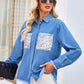 Raw Hem Button Up Long Sleeve Denim Jacket with Sequin Pockets