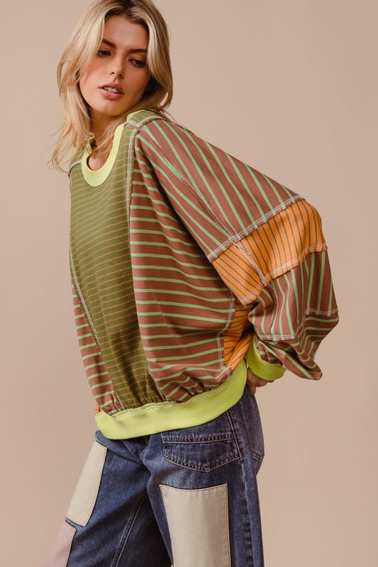 BiBi Color Block Striped Round Neck Sweatshirt - Brand BiBi