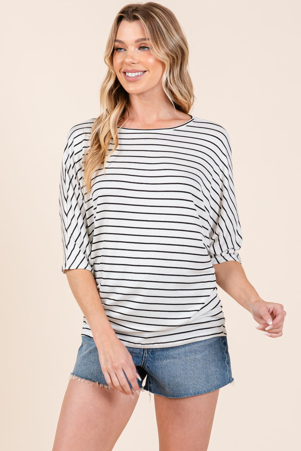 BOMBOM Striped Boat Neck Dolman Sleeve Top *