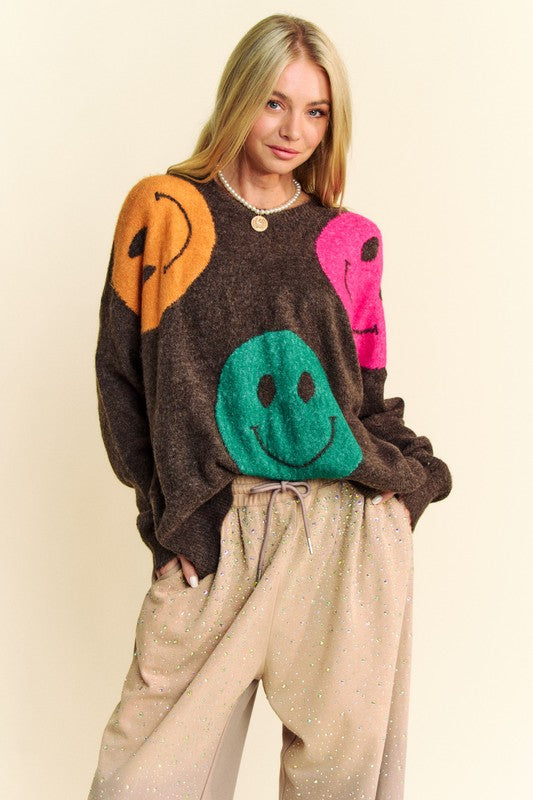 Davi & Dani Contrast Smile Round Neck Oversize Sweater