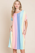 BOMBOM Striped Short Sleeve Dress with Pockets *