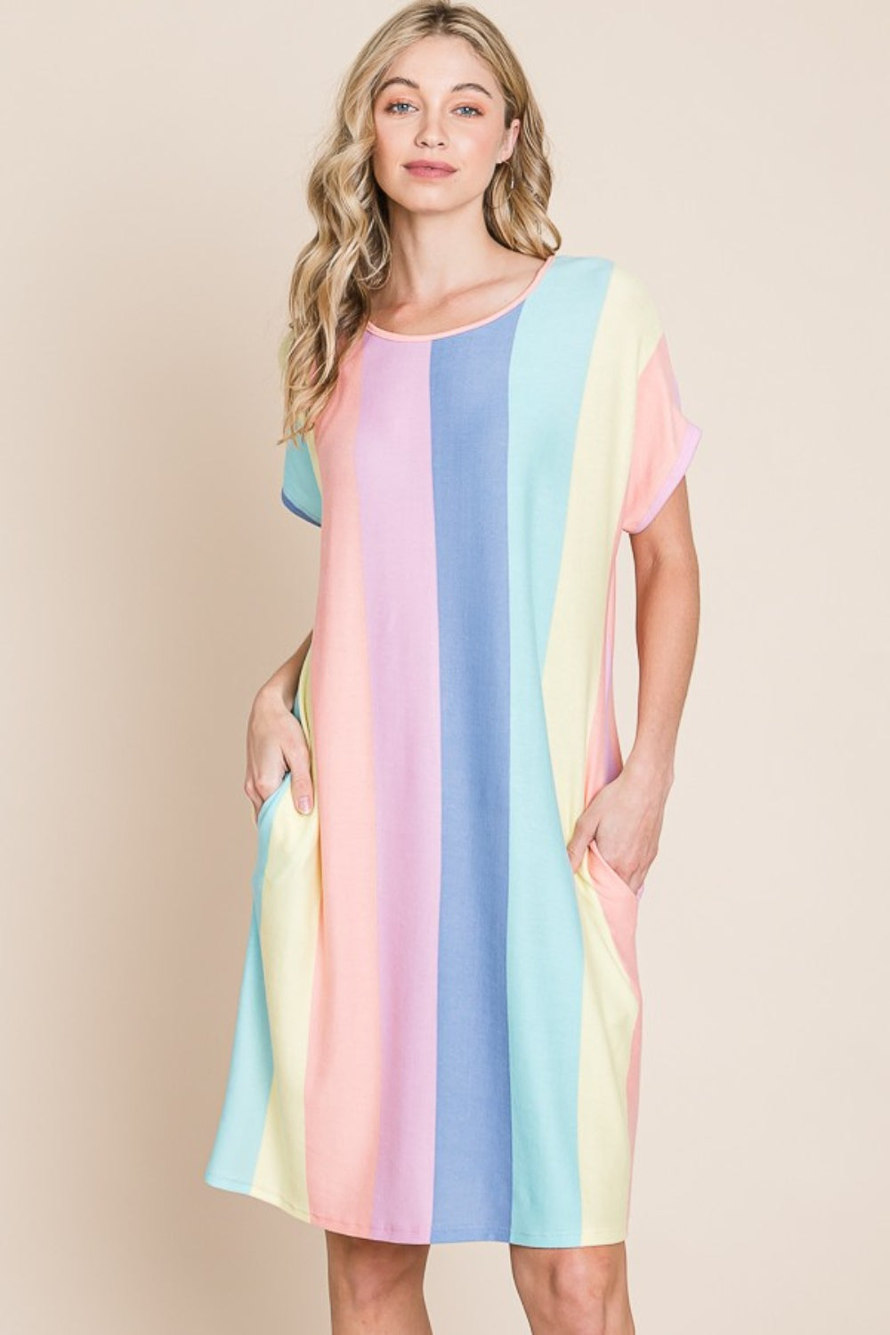 BOMBOM Striped Short Sleeve Dress with Pockets *