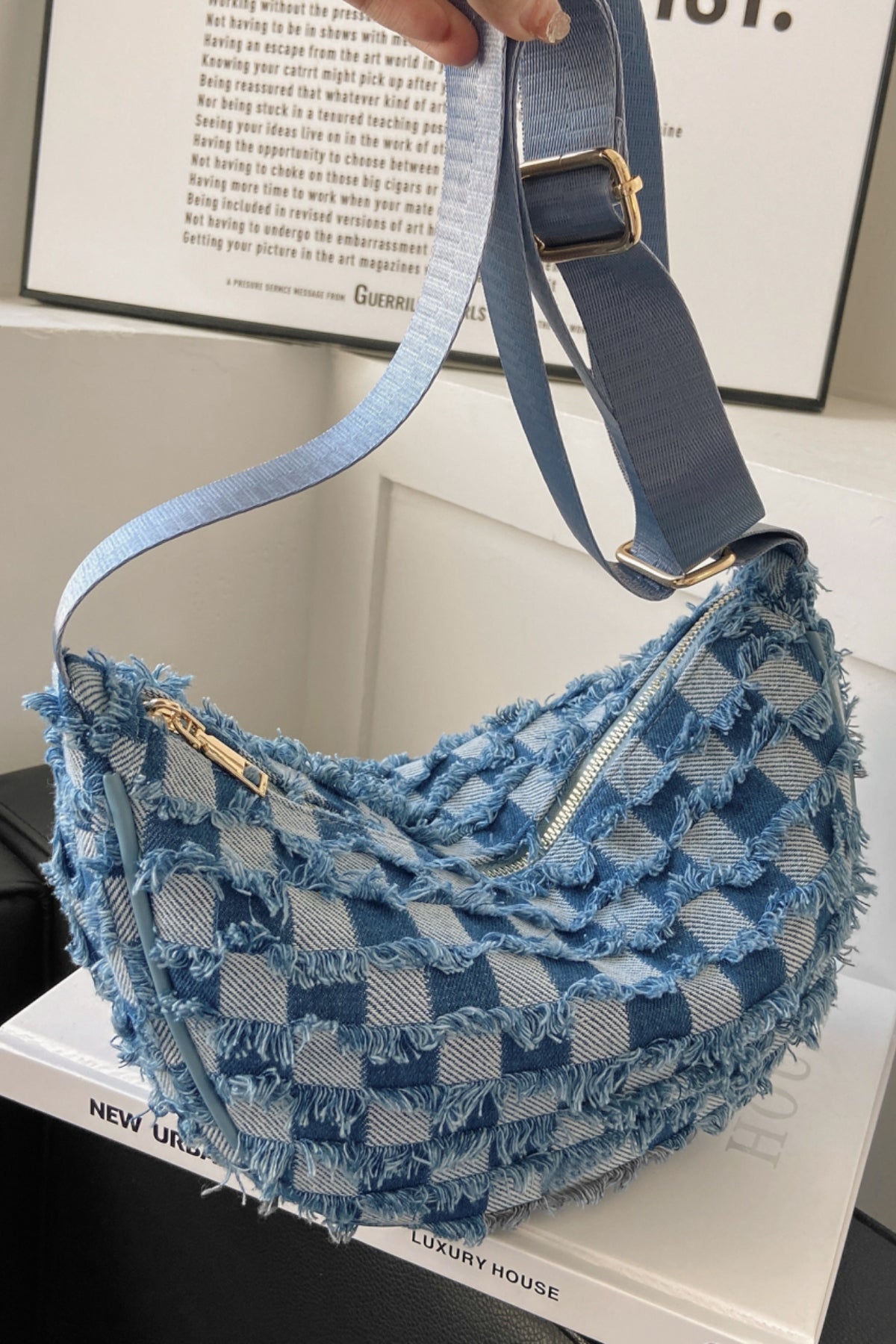 Raw Hem Checkered Denim Crossbody Bag