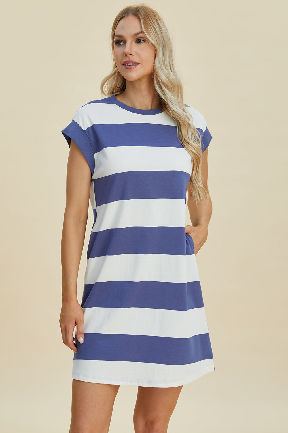 Basic Bae Full Size Striped Round Neck Cap Sleeve Mini Dress *