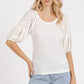Mittoshop Mixed Media Textured Knit Popcorn Puff Sleeve Blouse