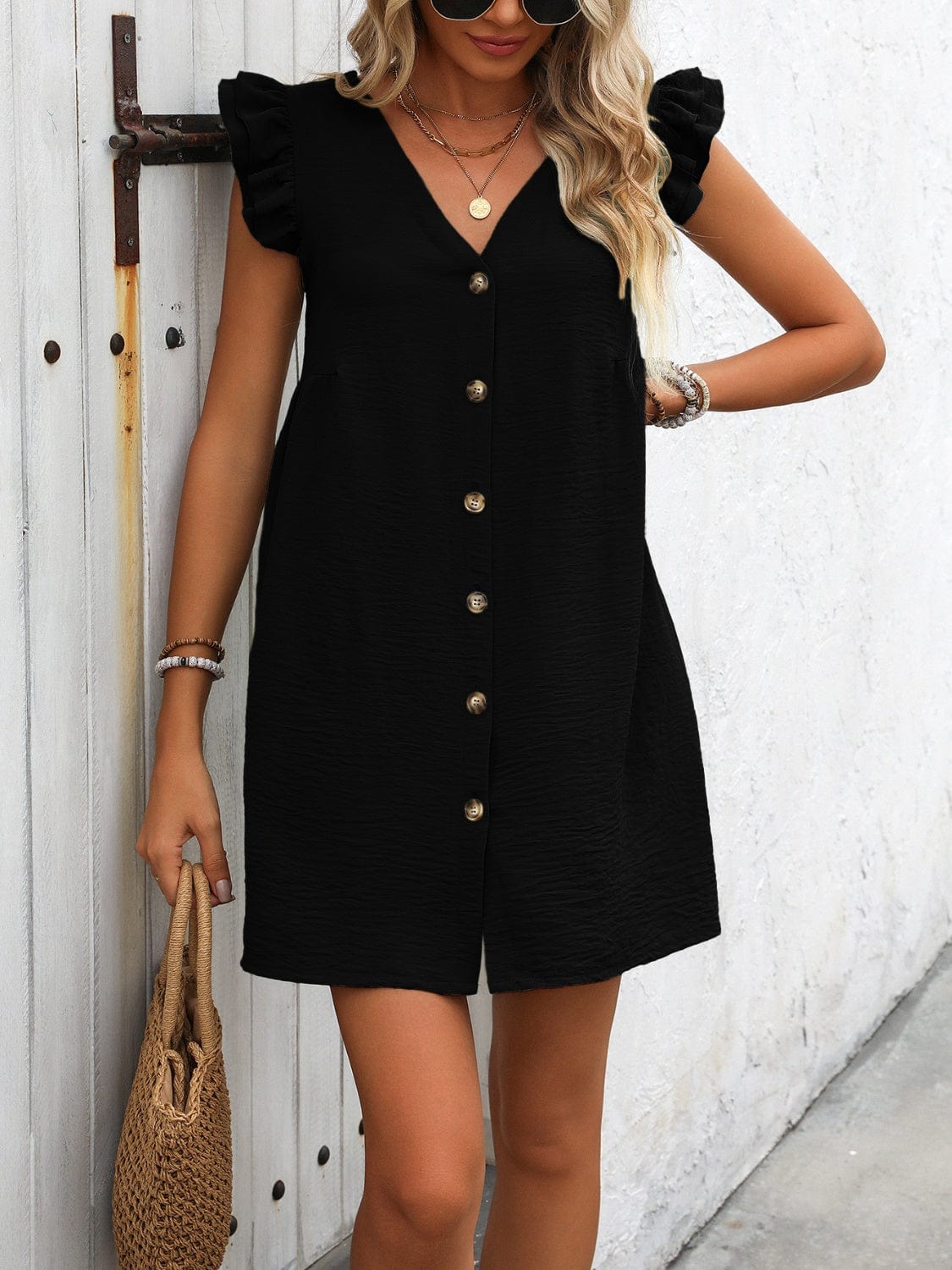 Full Size Button Up V-Neck Cap Sleeve Mini Dress