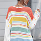 Openwork Striped Round Neck Long Sleeve Sweater