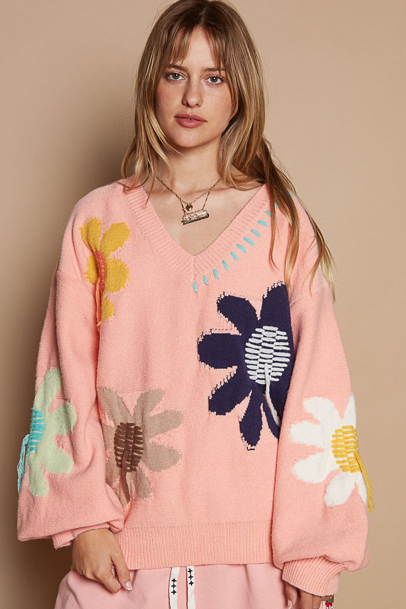 POL V-Neck Long Sleeve Flower Fringe Sweater