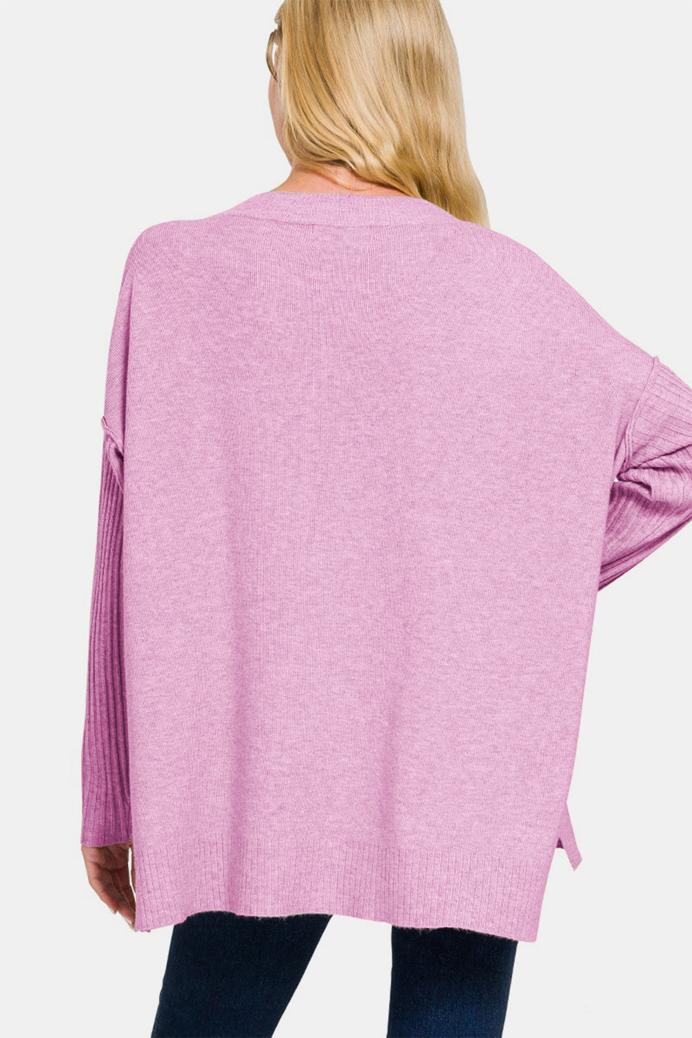 Zenana V-Neck Side Slit High-Low Sweater *