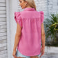 Ruffled Pocketed Collared Neck Cap Sleeve Denim Top