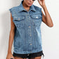 Pocketed Collared Neck Sleeveless Denim Top