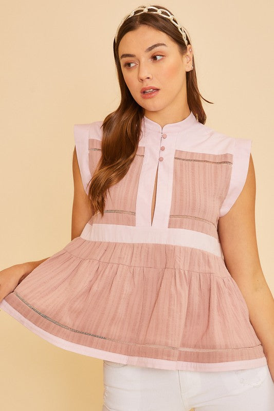Annie Wear Contrast Trim Peplum Button Detail Blouse *