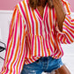 Striped Notched Flounce Sleeve Blouse
