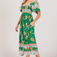 SAGE + FIG Printed Green Smocked Short Sleeve Midi Dress