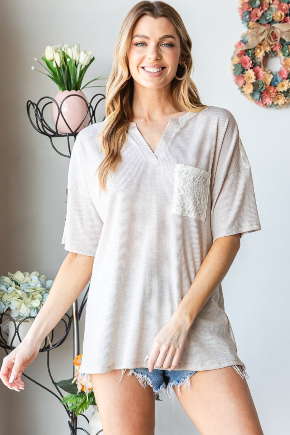 Heimish Full Size Lace Front Pocket Drop Shoulder Top *