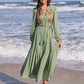 Embroidered Polka Dot Tie Neck Long Sleeve Midi Dress