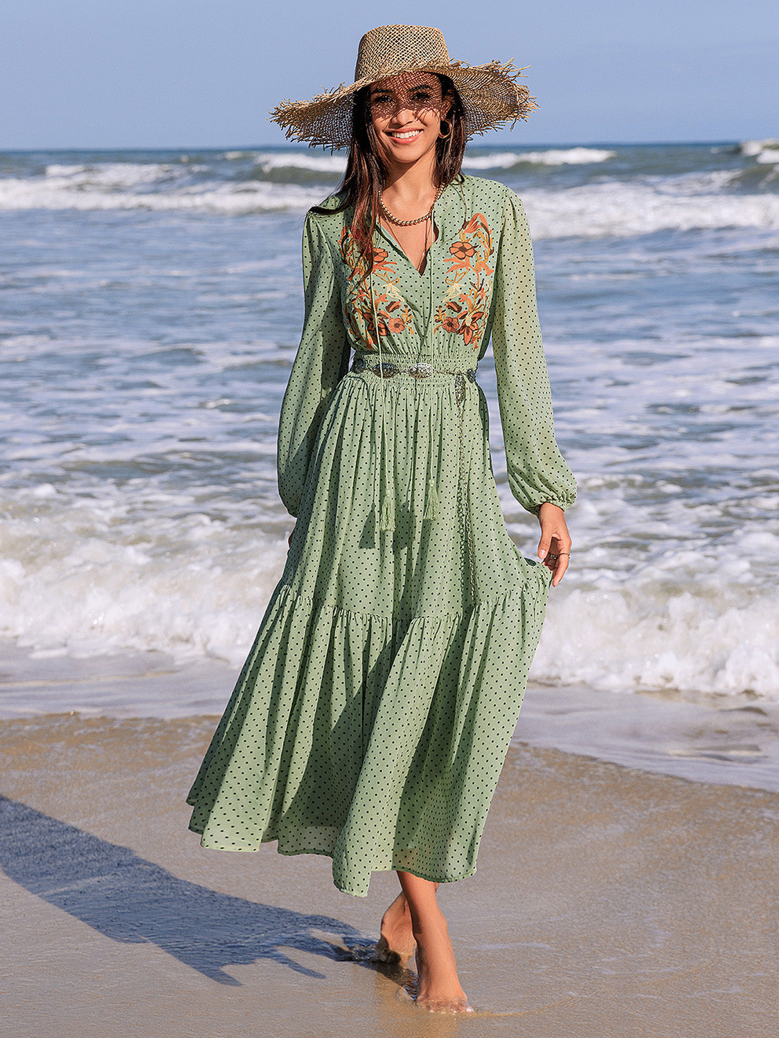 Embroidered Polka Dot Tie Neck Long Sleeve Midi Dress