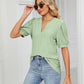 Eyelet Short Puff Sleeve Notched Neck Top
