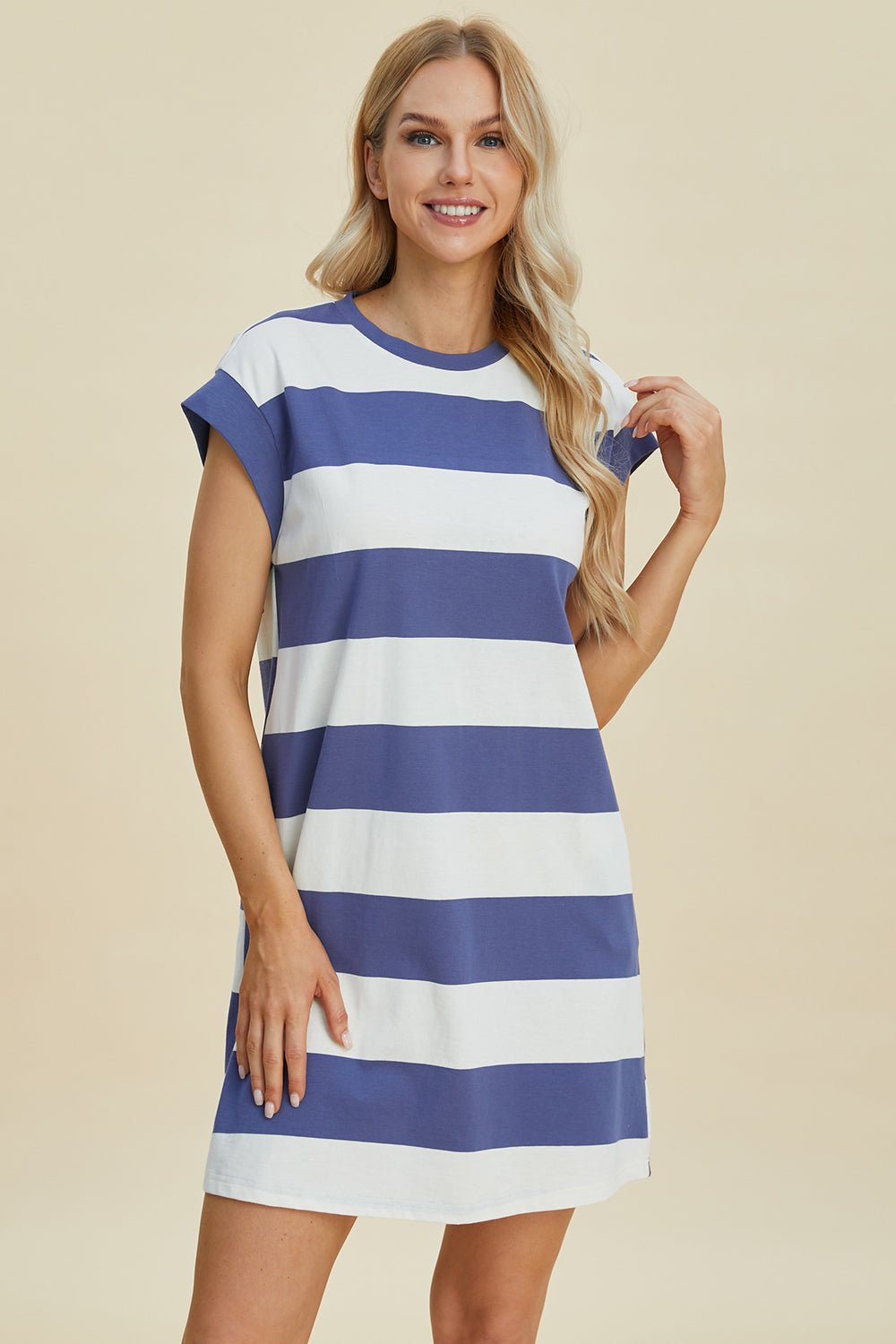Basic Bae Full Size Striped Round Neck Cap Sleeve Mini Dress *
