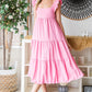 Reborn J Ruffled Bubble Pink Sleeveless Tiered Midi Dress