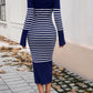 Striped V-Neck Long Sleeve Sweater Dress