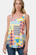 Zenana Printed Round Neck Orange Curved Hem Tank *
