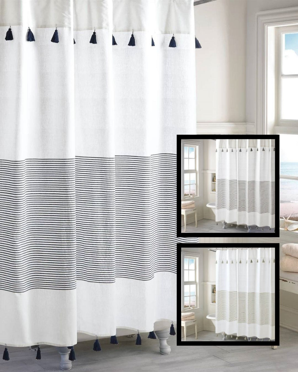72-inch Stripes Cotton Shower Curtain with Tassels